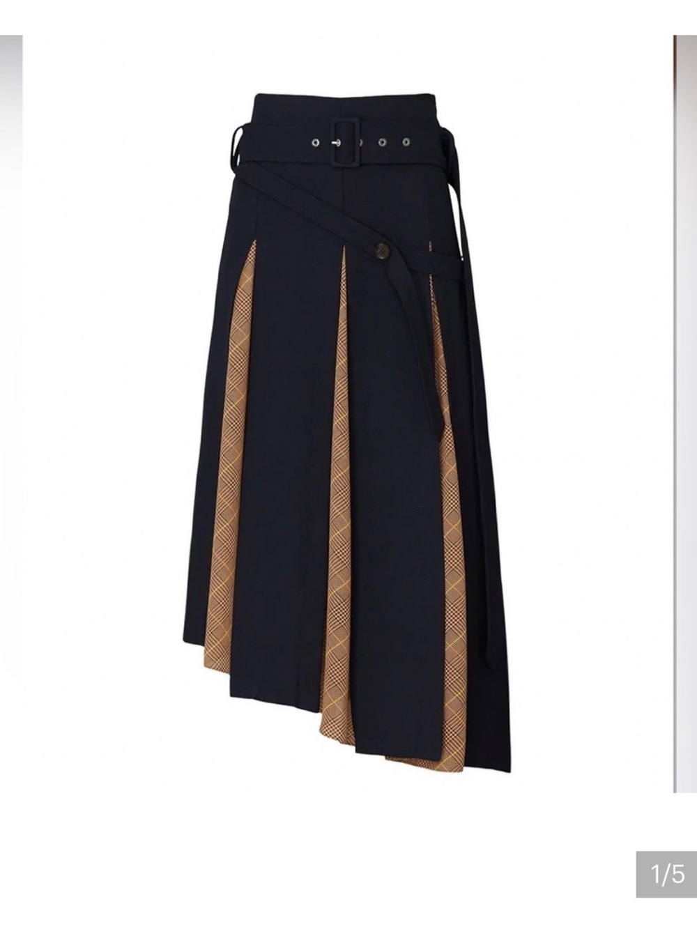 Rokh Deep Navy Asymmetrical Midi Kilt- Style Skirt with Tan Plaid Inset